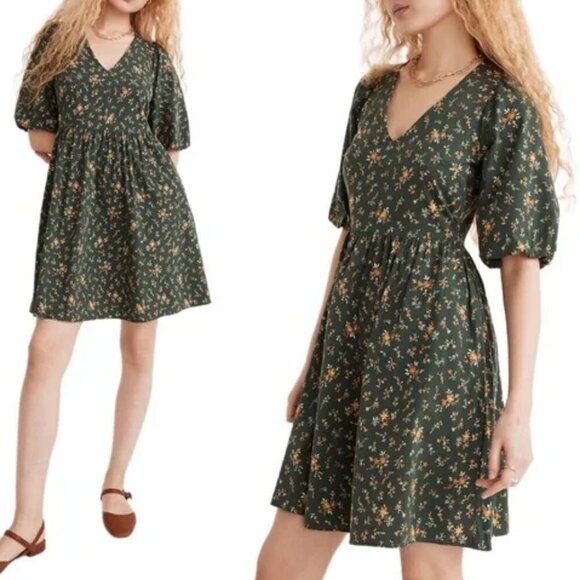 NEW Madewell Green Floral Poplin V Neck Bubble Sleeve in Fresh Sprig Mini Dress - Picture 1 of 12